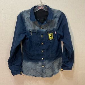 VIBRANT M.I.U. ACID WASH DENIM JACKET- Signature Crown Buttons & Zipper Detail/M